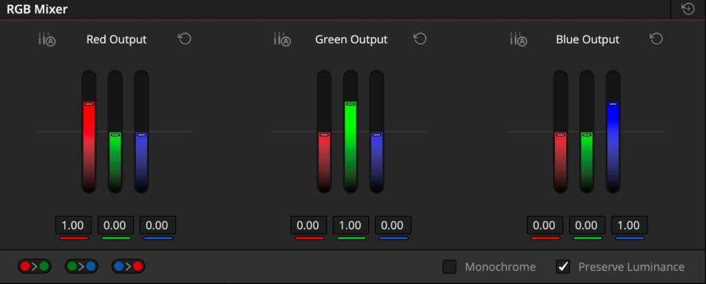 RGB mixer in color grading Davinci Resolve screenshot