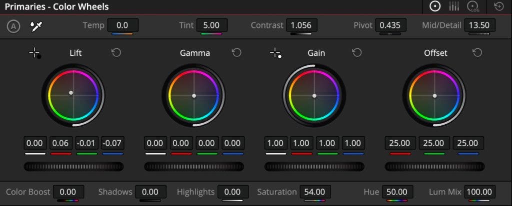 color wheels view in Davinci Resolve