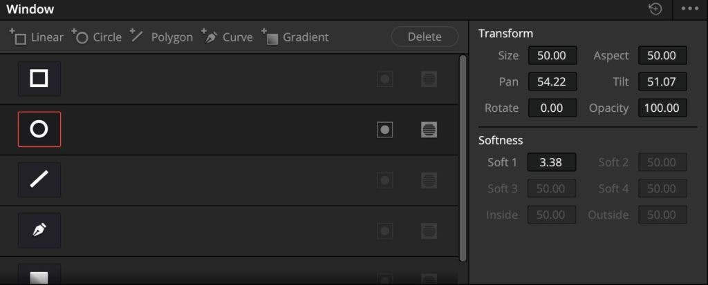power window in color grading Davinci Resolve screenshot