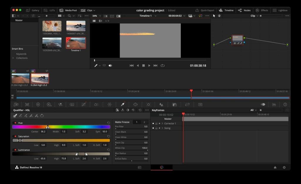 qualifier mask in color grading Davinci Resolve screenshot