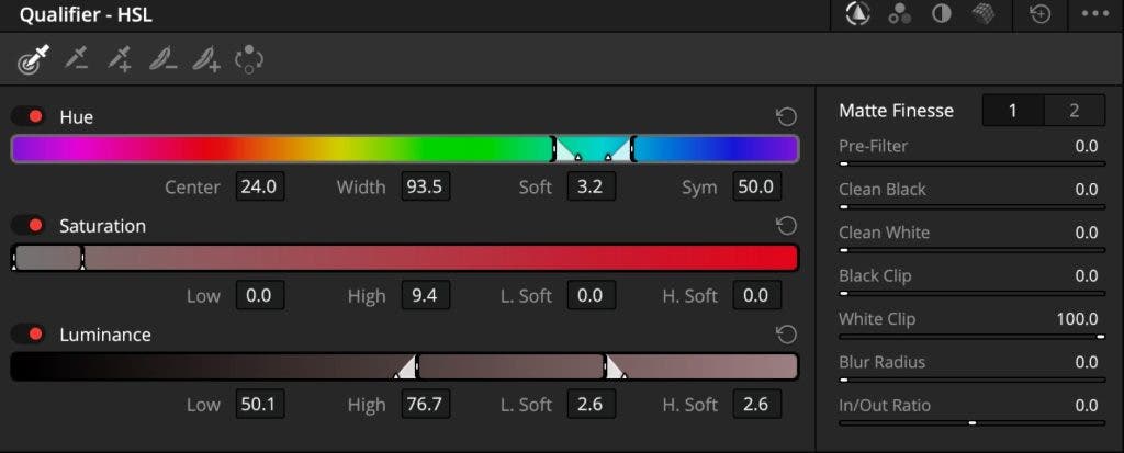 qualifier in color grading Davinci Resolve screenshot