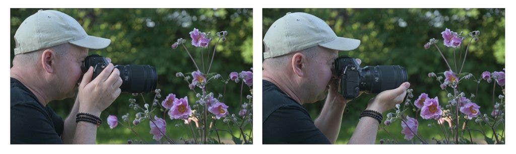 On the left, you can see how I held the camera as a beginner. One the right, is the proper way to handhold a camera. And this is crucial for macro photography, where tiny shakes end up in missed focus and blurry shots.