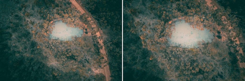 Flying the drone over this pond revealed its heart shape and beauty, highlighting textures and patterns. The image on the right is a low-altitude shot focusing on the reservoir, not a crop. Both shots are important for context and a close-up view. Also, note that these are top-down shots, with the camera tilted at 90 degrees.
