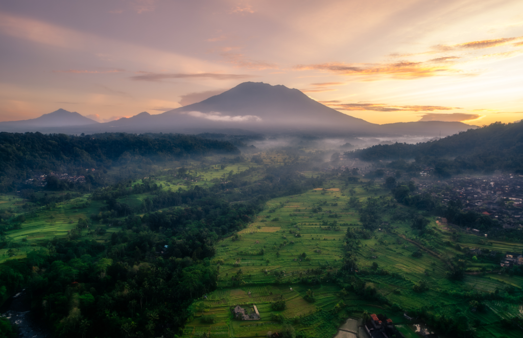A 360-degree panorama of Mount Agung in Bali, Indonesia. This image was shot and stitched by the drone.