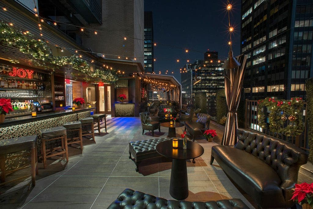 Roof top bar transformed into a simple winter scene