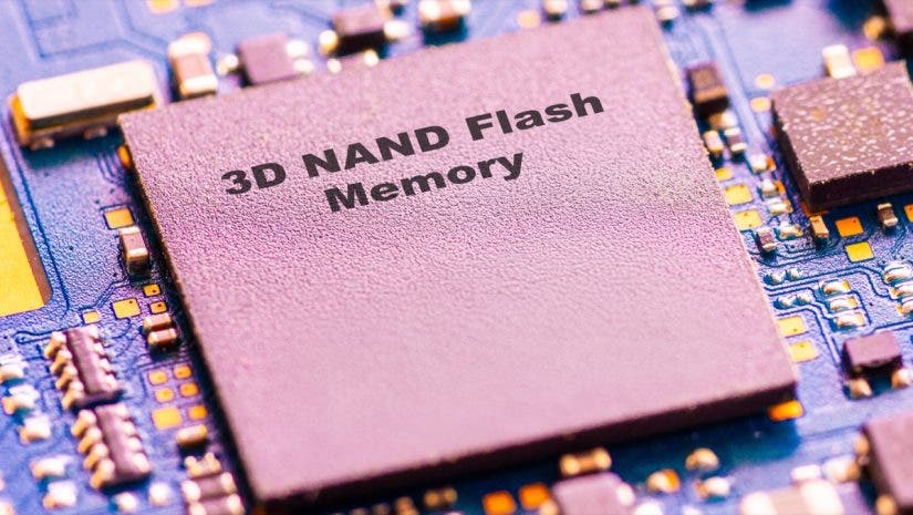 A macro close-up of a square memory chip labeled '3D NAND Flash Memory' mounted on a blue printed circuit board with visible gold contacts.