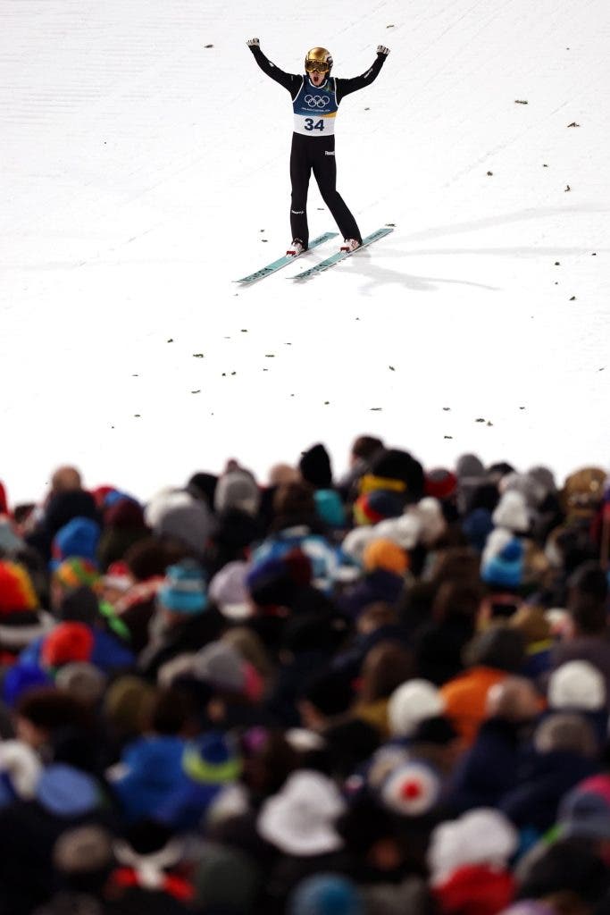Valentin Foubert of Team France reacts after landing during the Men's Normal Hill Individual First Round on day three of the Milano Cortina 2026 Winter Olympic games at Predazzo Ski Jumping Stadium on February 09, 2026, in Val di Fiemme, Italy. Photo by Maddie Meyer/Getty Images