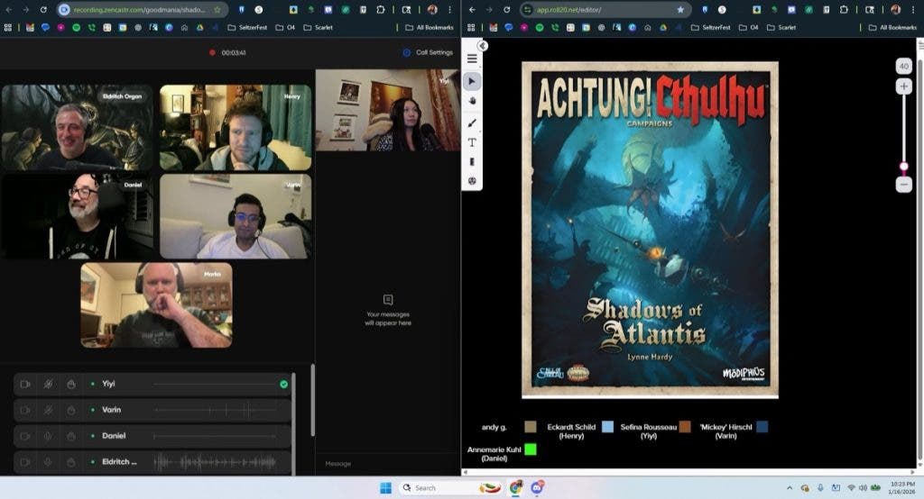 A screenshot from a gaming workstation showing a multi-person video call on Zencastr alongside a virtual tabletop session of "Achtung! Cthulhu" on Roll20