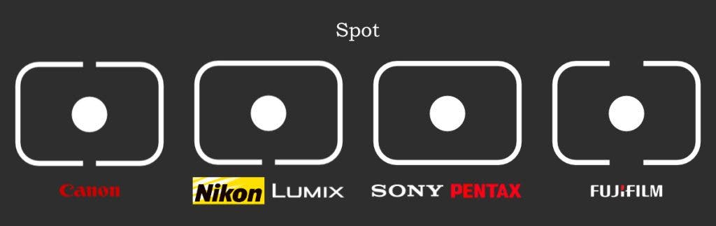 Graphic showing the different spot-metering icons by camera brand.