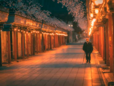 A stroll towards the temple at sunrise. Tokyo, Japan