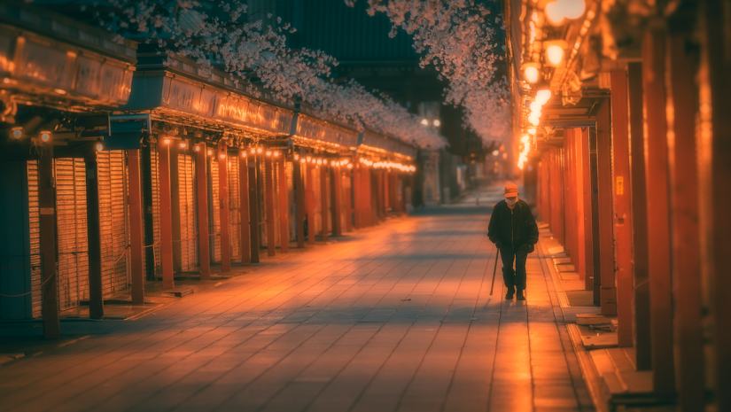 A stroll towards the temple at sunrise. Tokyo, Japan