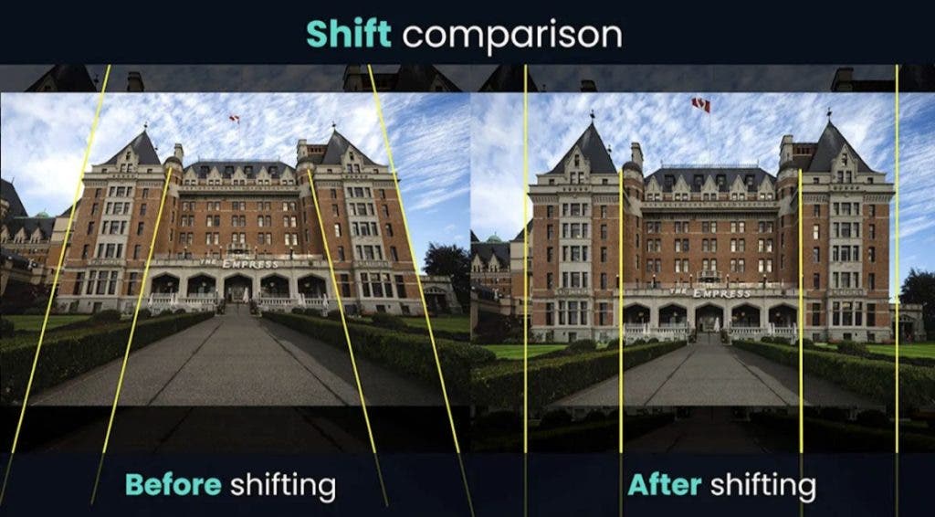 A side-by-side "Shift comparison" graphic featuring The Empress hotel. The "Before shifting" image on the left shows the building's walls leaning inward (perspective distortion), while the "After shifting" image on the right shows the walls perfectly vertical and corrected.