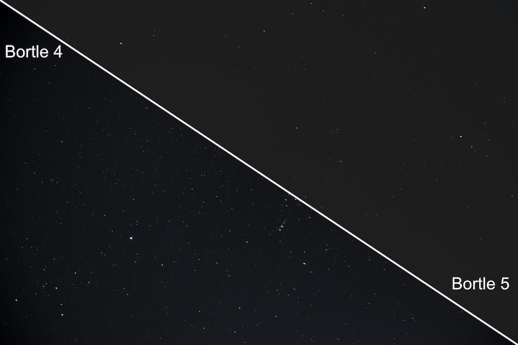Image showing a comparison of a starry night sky photo taken in Bortle 4 and Bortle 5 light pollution zones