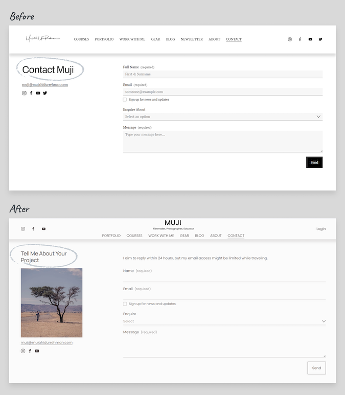 Contact page before: plain form with "Contact" button. After: heading "Tell Me About Your Project" plus reply time reassurance.