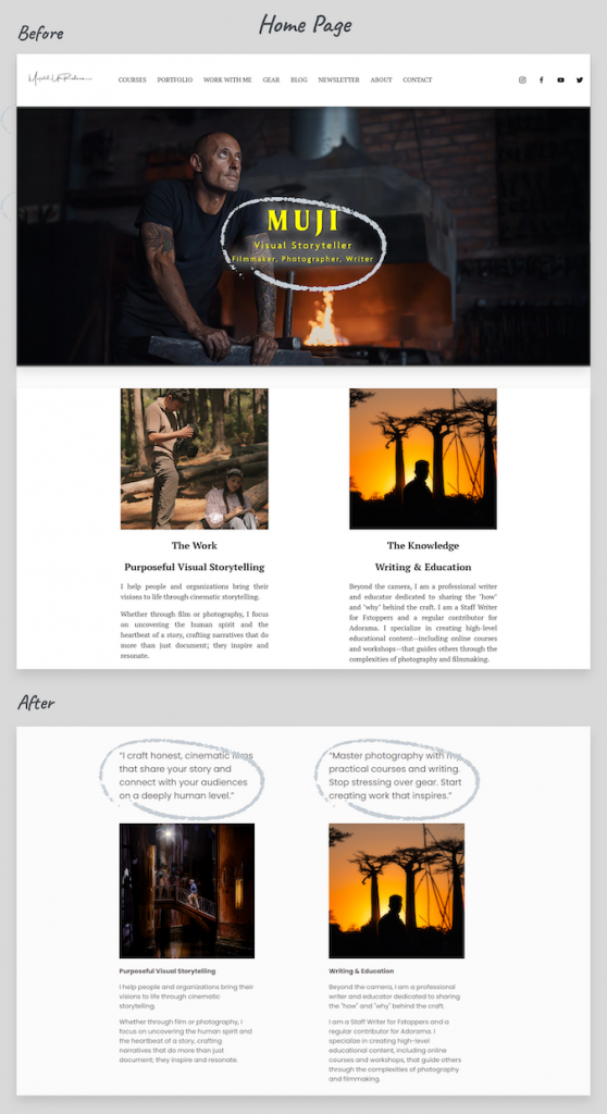 Homepage before: "Visual Storyteller." After: two headlines explaining cinematic films + practical courses.