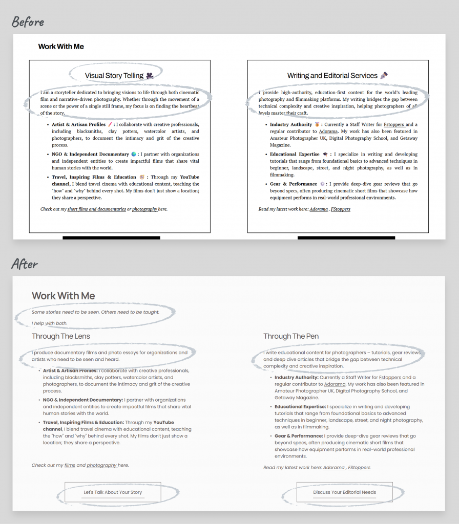 Work With Me before: titled "Visual Story Telling" and “Writing and Editorial Services” After: howhehelps headlines: Documentaries for organizations + educational content for photographers