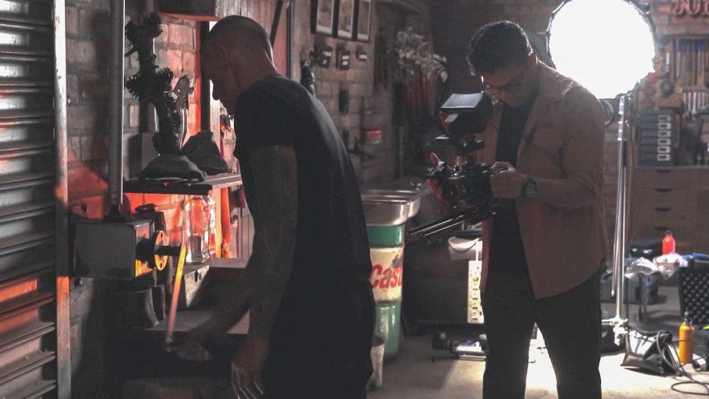 a photographer using lights on location