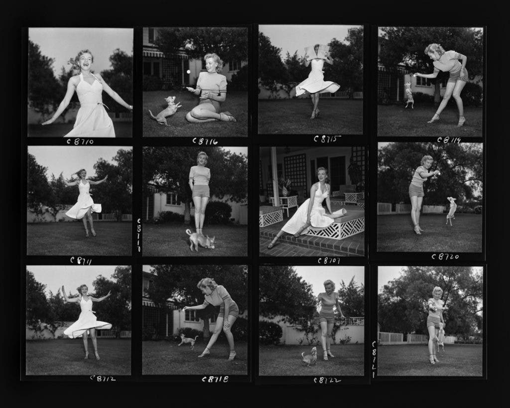 A contact sheet with twelve frames (with frame references) showing images from two portrait sessions with American actress and singer Marilyn Monroe (four with Monroe wearing a white halterneck dress, the other eight have Monroe dressed in a t-shirt, with dark detail around the collar and sleeves, and shorts) in the backyard of a Beverly Hills property, California, 17th May 1950. The property was the home of Hollywood agent Johnny Hyde (at 708 W Palm Drive). (Photo by Earl Leaf/Michael Ochs Archives/Getty Images)