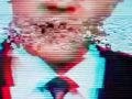 Man in a suit on the screen. Broadcaster. Glitch. Digital errors on the screen.
