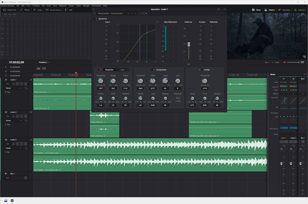 DaVinci Resolve software interface on the Fairlight audio page. A floating "Dynamics" window is open in the center, displaying detailed audio graphs, equalizer curves, expander, and compressor controls overlaid on top of a multi-track audio timeline.