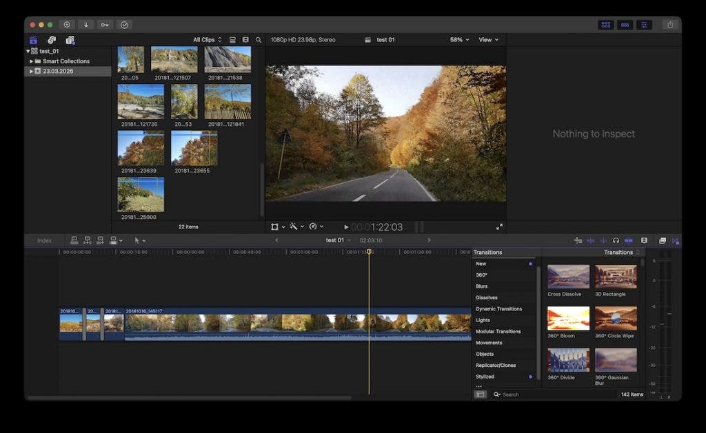 A broad overview of the Final Cut Pro workspace. It shows a media browser in the top left, a central viewer displaying a tree-lined autumn road, a video timeline across the bottom, and the Transitions effects browser open on the right.