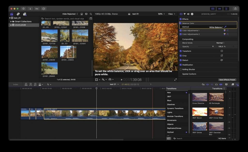 Final Cut Pro interface displaying an autumn road scene in the viewer. On the right side, the Video Inspector panel is open, with the "Balance Color" effect checked and the method specifically set to "White Balance".