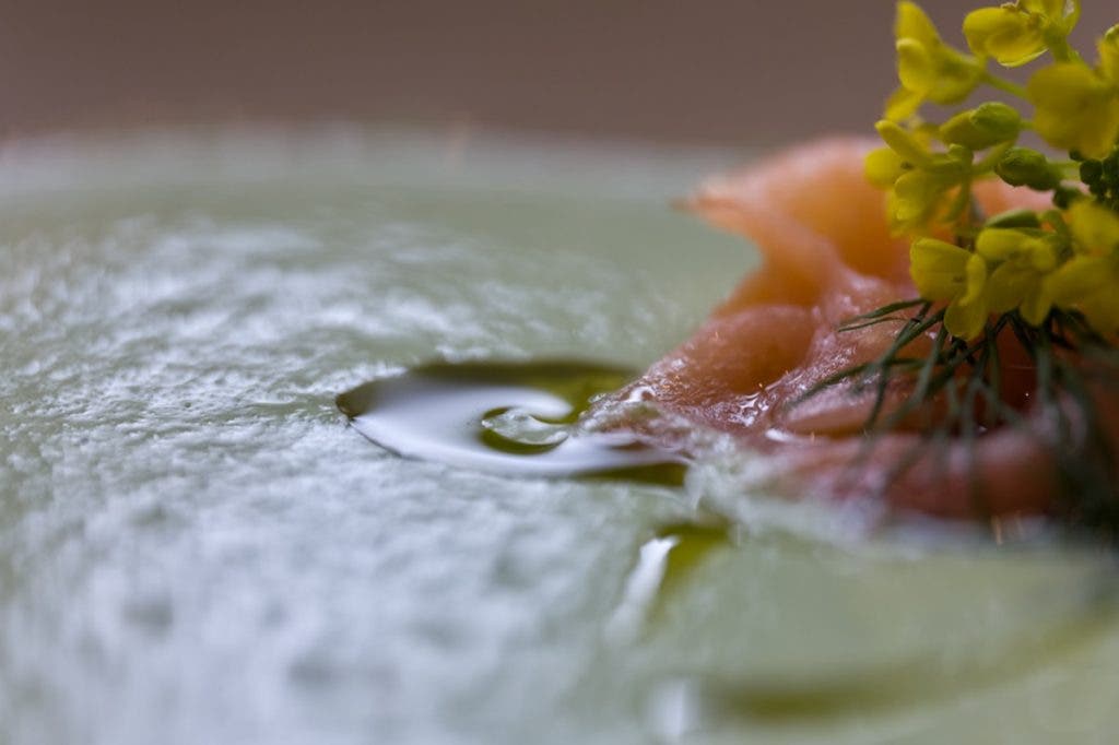 Extreme macro close-up of a pale green chilled soup or purée, garnished with thin ribbons of smoked salmon, fresh dill, small yellow blossoms, and a pool of olive oil. shot with Leica APO-Macro-Elmarit-SL 100 f/2.8