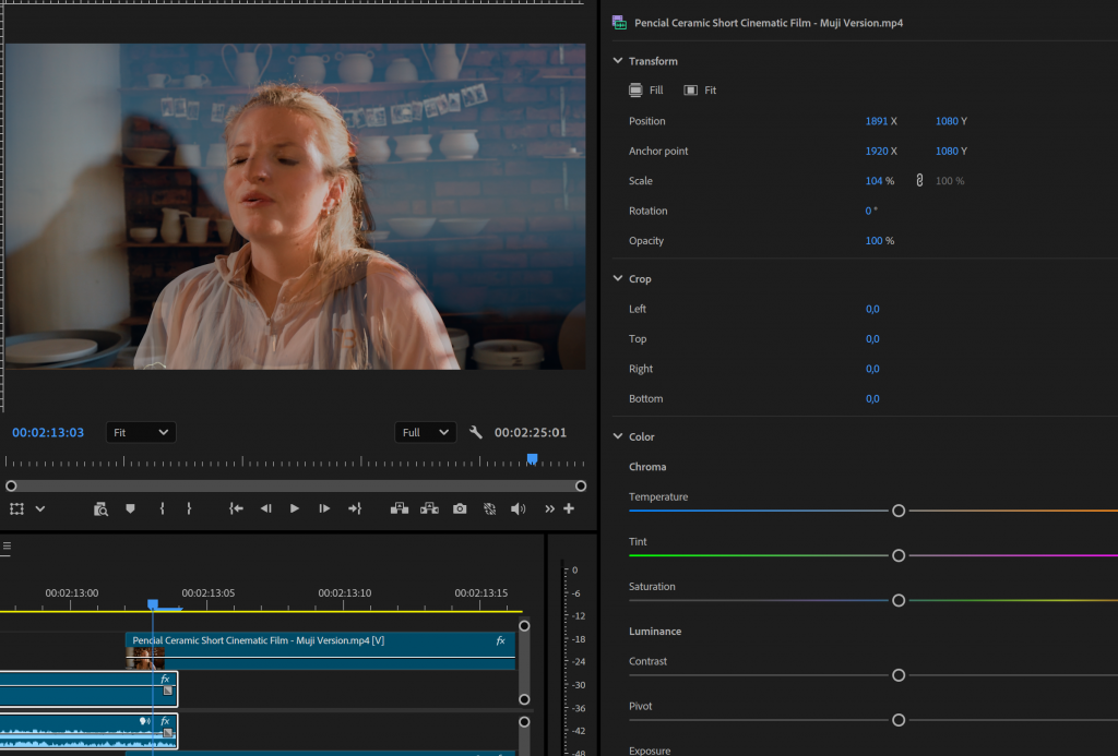 Editing Match Cut Example: Two videos are overlaid with the top clip having 50% opacity. The lower clip is scaled up to 104%, and the X position is moved to 1891 so that the faces align.