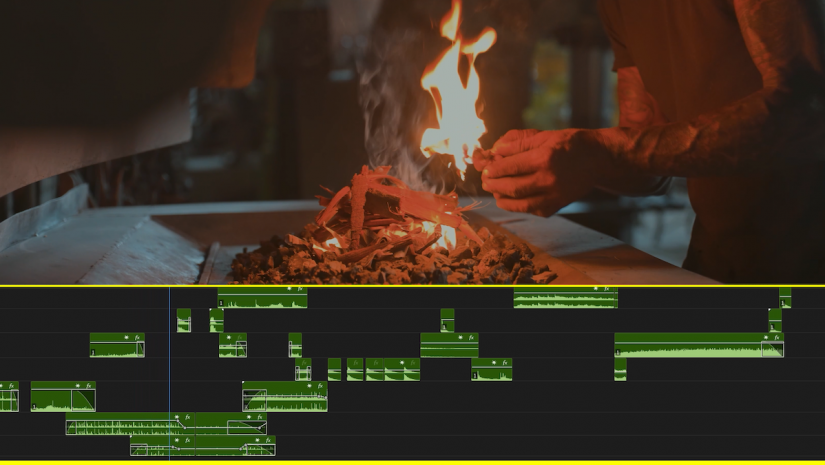 video editing interface showing overlapping audio files