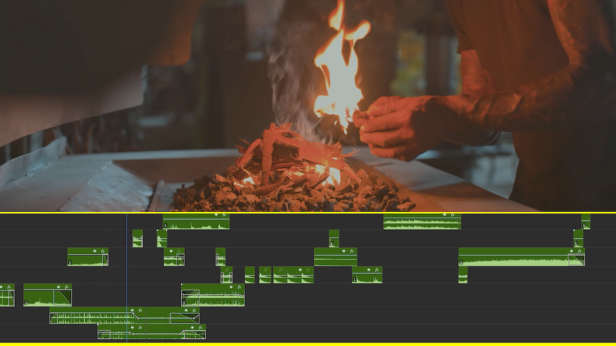 video editing interface showing overlapping audio files