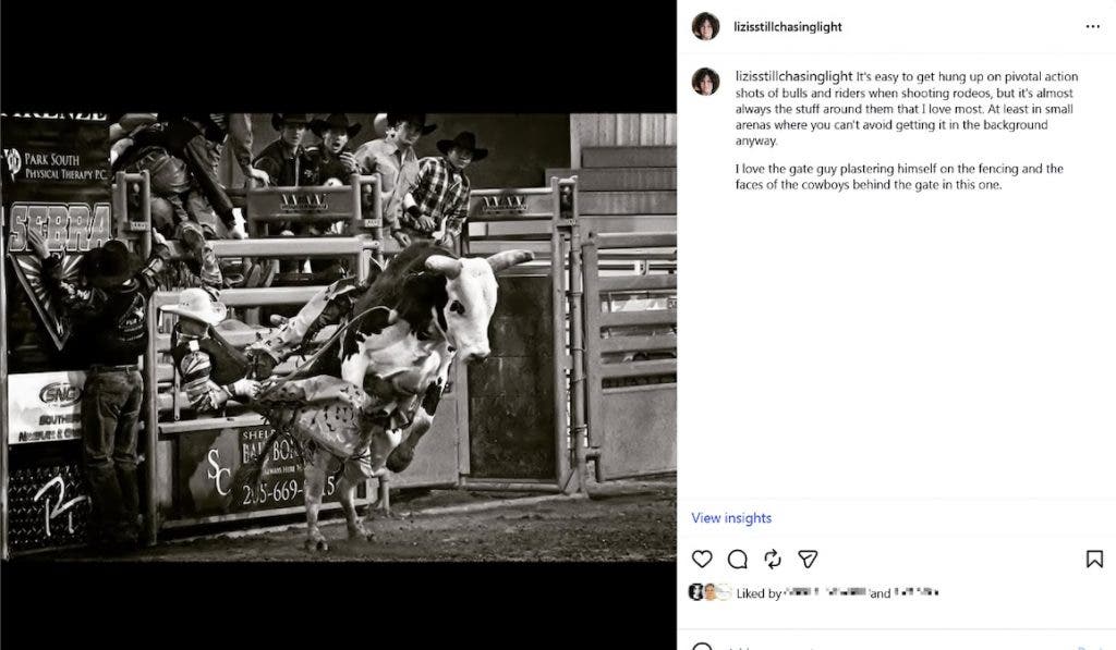 Screenshot of an Instagram post of a cowboy being bucked off a bull and the story text for the photo
