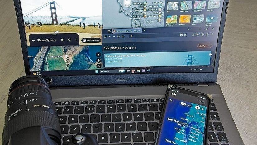 Photo of digital location scouting tools on laptop and phone for planning photo shoots.