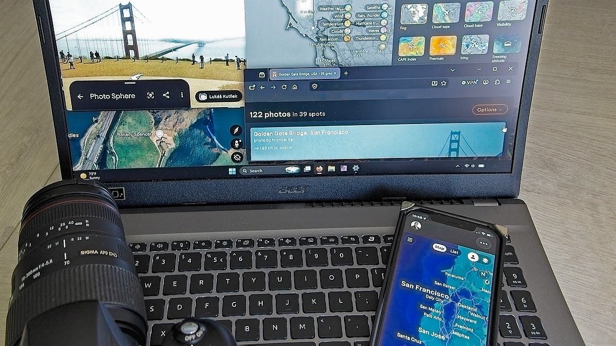 Photo of digital location scouting tools on laptop and phone for planning photo shoots.
