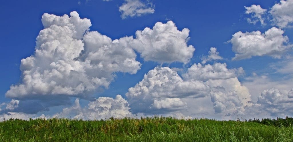 Fluffy white clouds against a bright blue sky over a green field