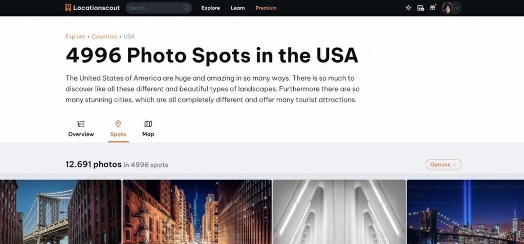Screenshot showing an example page of photo spots prescouted in LocationScout.net