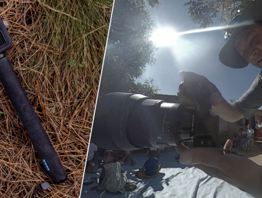 A split-screen image. The left side shows a black GoPro 360 camera attached to a textured black grip, resting on a bed of dry pine needles. The right side shows a low-angle perspective of a photographer wearing a wide-brimmed hat, holding a Sony camera with a large lens. The sun flares brightly behind him, and a group of people can be seen sitting on the ground in the background.