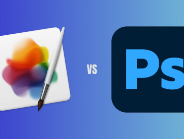 A graphic comparing two software applications against a blue gradient background. On the left is the Pixelmator Pro logo, depicting a white rounded square with a colorful, blurred shape and a paintbrush. In the center is the text "VS". On the right is the Adobe Photoshop logo, featuring a dark blue rounded square with the letters "Ps" in light blue
