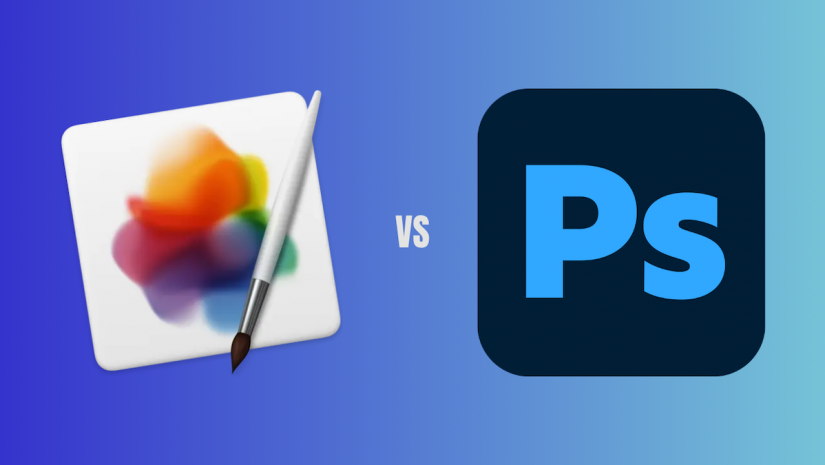 A graphic comparing two software applications against a blue gradient background. On the left is the Pixelmator Pro logo, depicting a white rounded square with a colorful, blurred shape and a paintbrush. In the center is the text "VS". On the right is the Adobe Photoshop logo, featuring a dark blue rounded square with the letters "Ps" in light blue