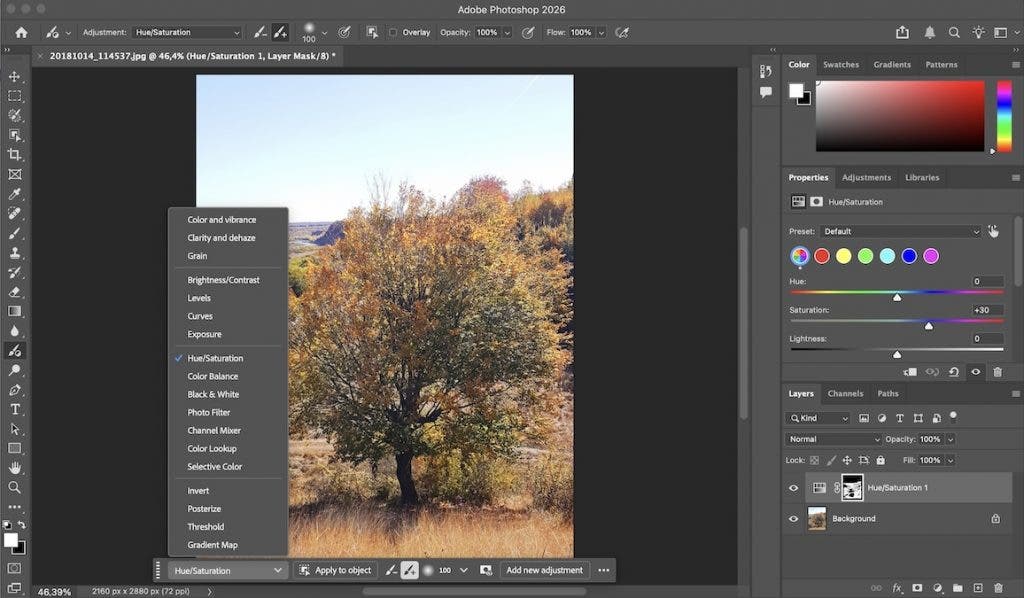 Adobe Photoshop 2026 interface editing a picture of a tree in a field. A dropdown menu for creating adjustment layers is open, with "Hue/Saturation" selected. The Hue/Saturation properties panel is visible on the right side above the layers panel