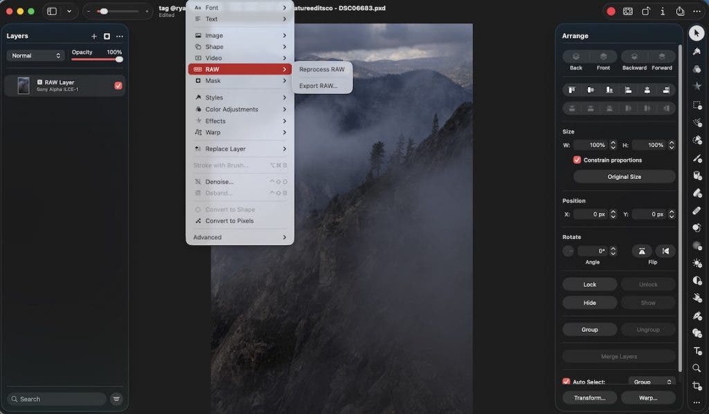 The Pixelmator Pro application interface displaying a misty mountain photo. A context menu is open from the top menu bar, highlighting the "RAW" option and showing sub-options for "Reprocess RAW" and "Export RAW...". The layers panel shows a RAW layer from a Sony Alpha ILCE-1