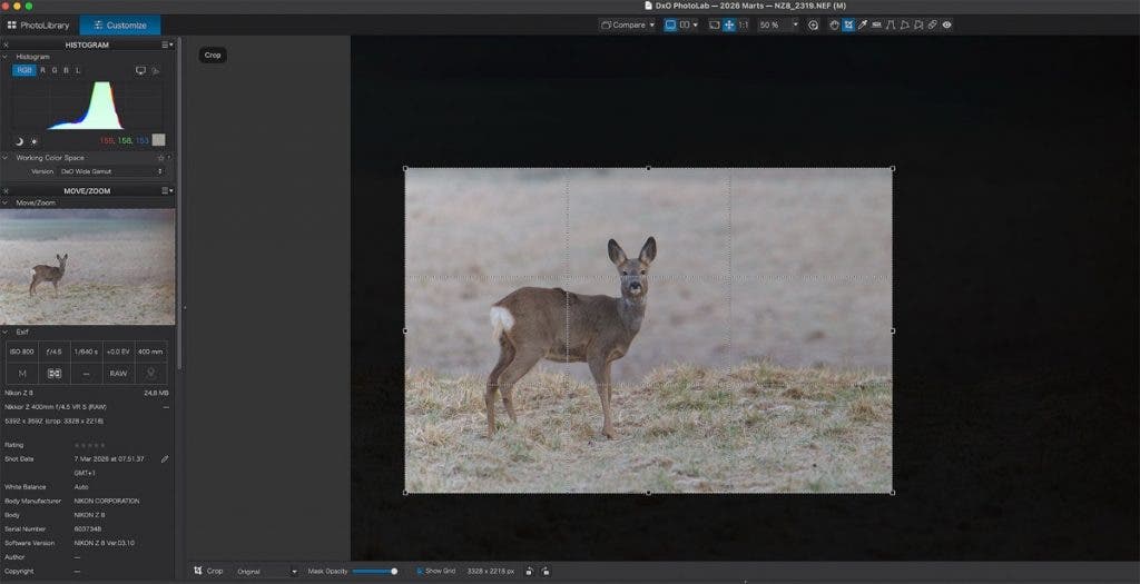 A screenshot of DxO PhotoLab software showing photo editing controls and EXIF data for a photograph of a roe deer shot using a Nikon Z 400mm lens.