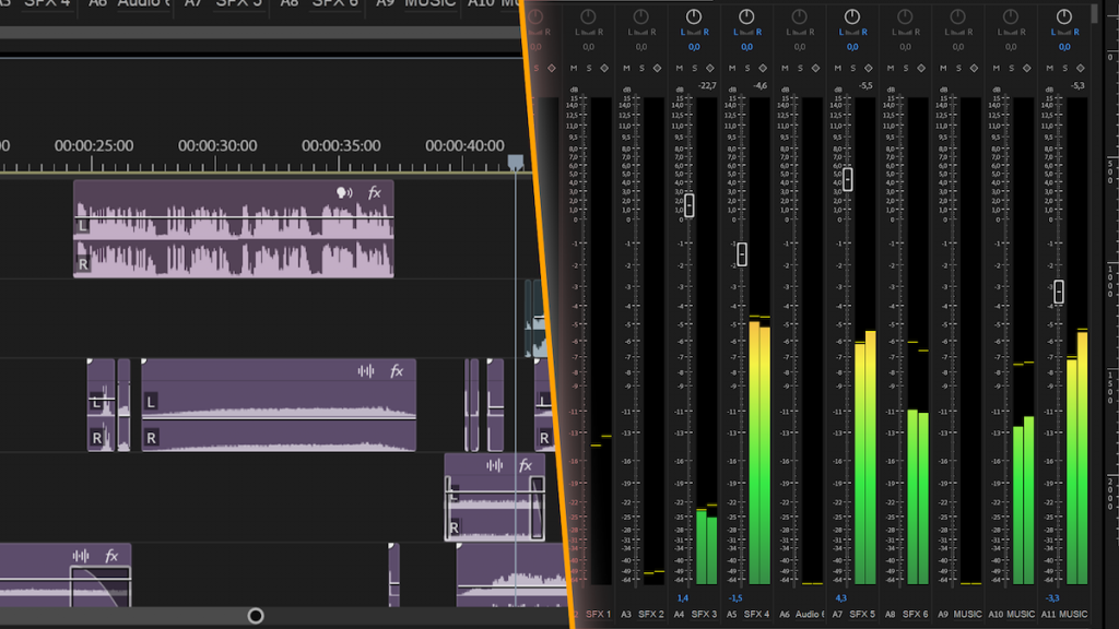 A split-screen view of a video editing software interface. The left side shows purple audio waveforms arranged on a multitrack timeline. The right side displays an Audio Track Mixer panel featuring several vertical channel strips with fader controls and volume meters illuminating in green and yellow to indicate sound levels.