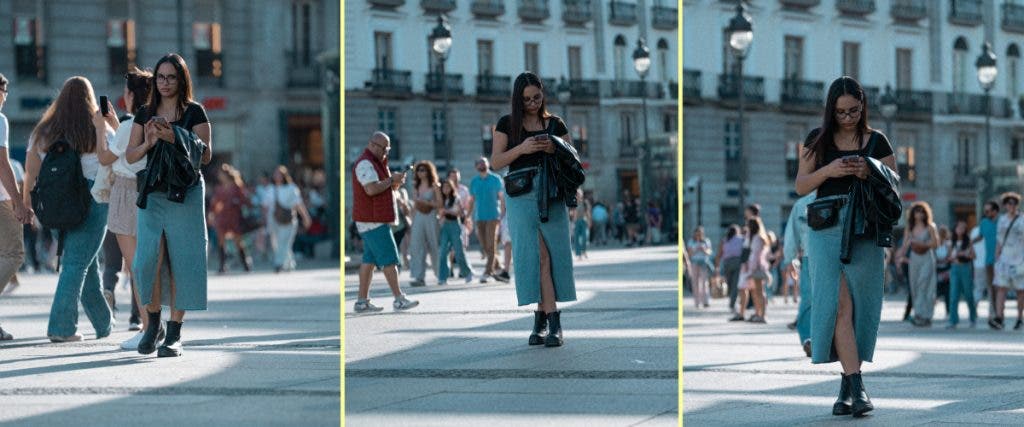 A triptych sequence by invisible street photographer Muji showing a woman in glasses and a denim skirt looking at her smartphone while walking across a sunny public plaza.