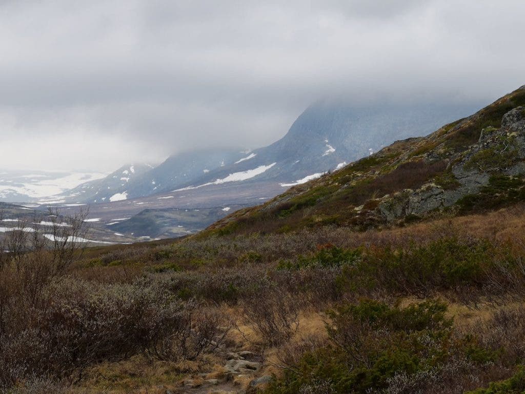 A view of rolling highland hills covered in low brown brush, leading up to steep mountains partially hidden by thick, low-hanging grey clouds