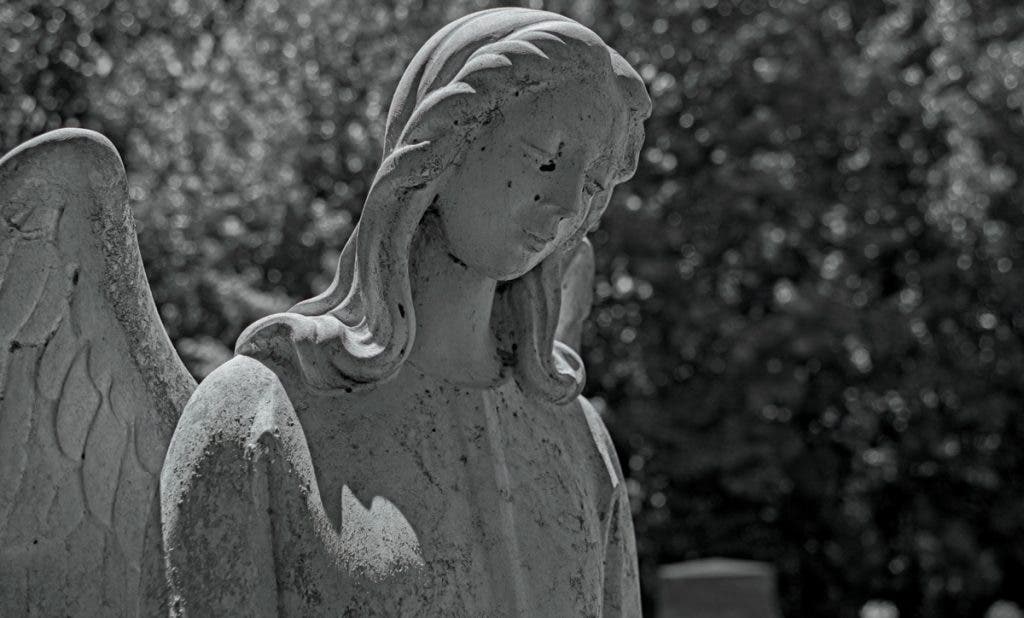 A photo of an aging marble angel statue shot on a Micro Four Thirds camera using an in-body greyscale LUT