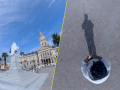 Primary Alt Text Split-screen view showing a wide-angle city plaza and a top-down perspective of a photographer using a 360 camera on a selfie stick