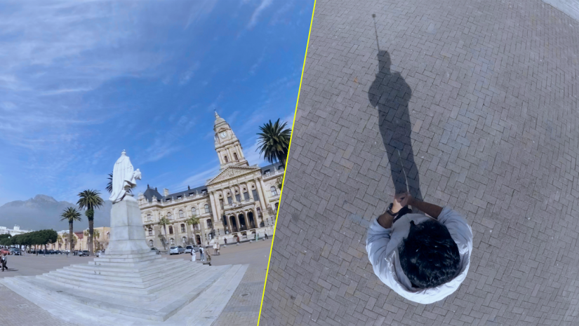 Primary Alt Text Split-screen view showing a wide-angle city plaza and a top-down perspective of a photographer using a 360 camera on a selfie stick