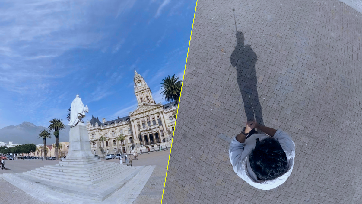 Primary Alt Text Split-screen view showing a wide-angle city plaza and a top-down perspective of a photographer using a 360 camera on a selfie stick