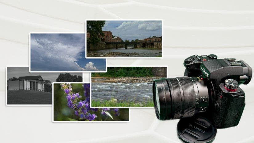 Composite image showing Lumix G9II Micro Four Thirds camera and example photos