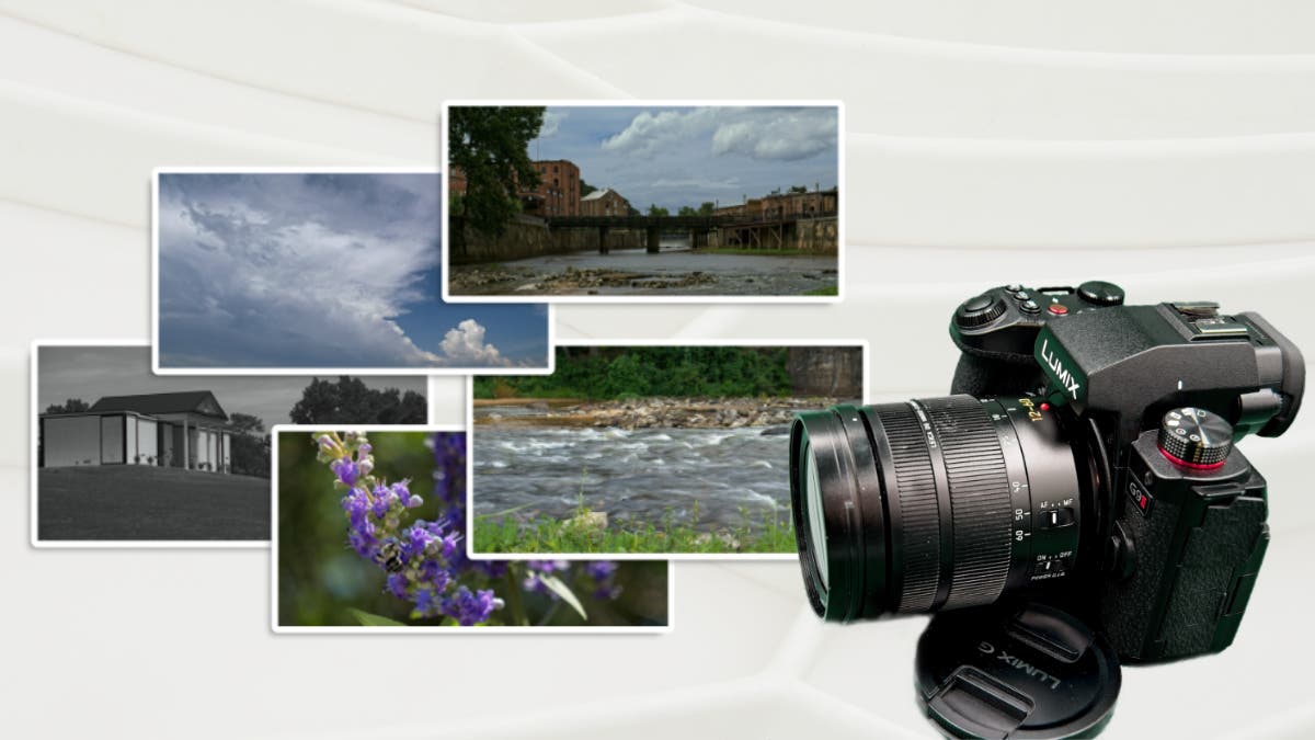 Composite image showing Lumix G9II Micro Four Thirds camera and example photos